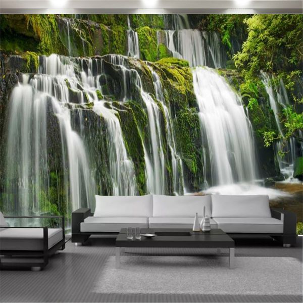 3D landscape wallpaper featuring stunning mountain and waterfall scenery for home decor, a waterproof and stain-resistant wall covering