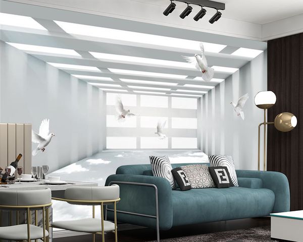 3D landscape wallpaper featuring white pigeons and clouds, creating a dimensional space effect for living rooms, bedrooms, or kitchens