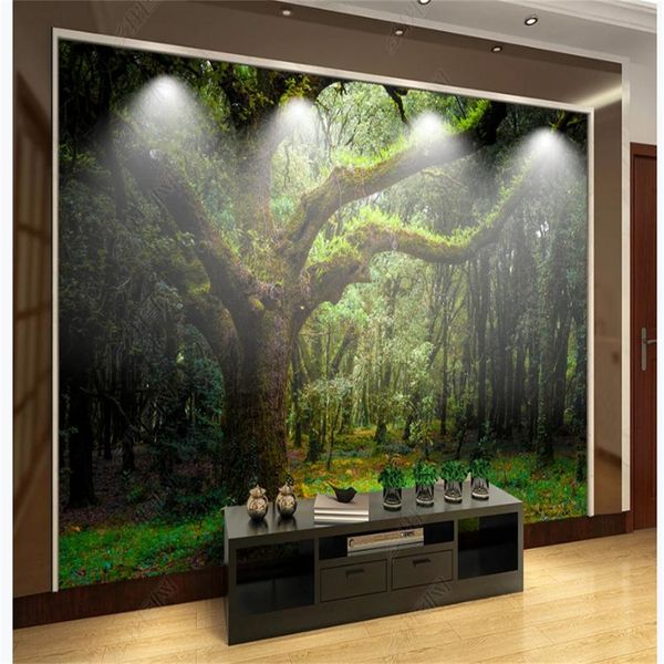 3D landscape wallpapers featuring lush green forests for modern living rooms