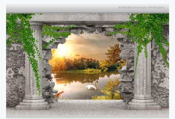 3D large custom photo wallpaper for interior design featuring Roman columns, cracked walls, cave lake scenery as a living room TV backdrop