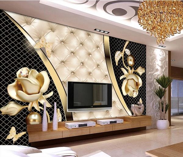 3D luxury wallpaper featuring black and gold jewelry designs, perfect for living rooms and bedrooms with elegant blue diamond patterns