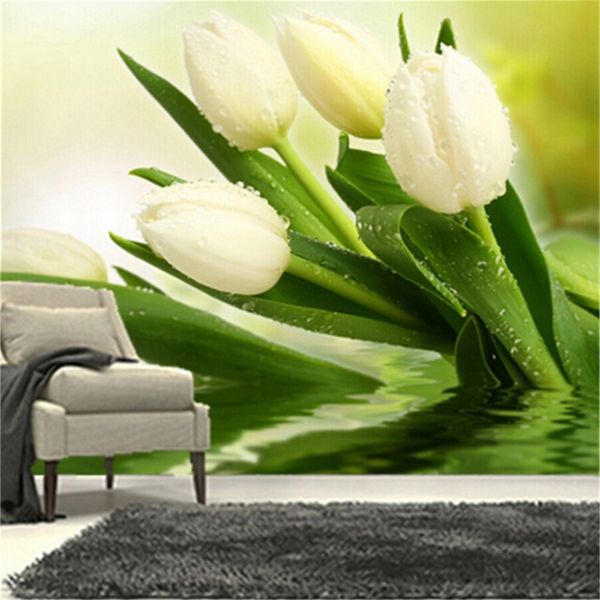 3D modern floral wallpaper for living room and bedroom decor featuring fresh white tulips