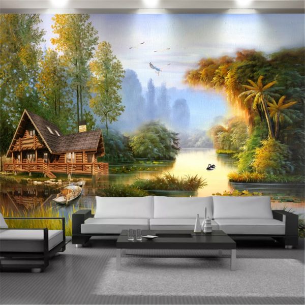 3D modern mural wallpaper featuring a scenic lakeside chalet for stylish home interiors, waterproof decor painting