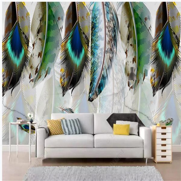 3D modern wallpaper for living room featuring colorful hand-painted feather art background