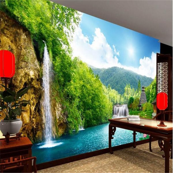 3D mountain waterfall lake tower mural wallpaper for walls