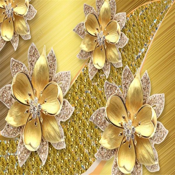 3D murals wallpaper featuring jewelry, flowers, gold, and diamonds for living room walls
