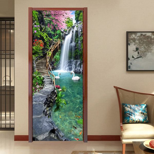 3D nature-inspired landscape waterfall door decal for living room or kitchen, waterproof PVC self-adhesive wallpaper