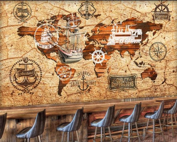 3D nautical map wallpaper for bedroom and living room walls with retro tooling design