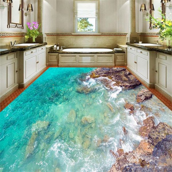 3D ocean-themed bathroom floor wallpaper with beach designs