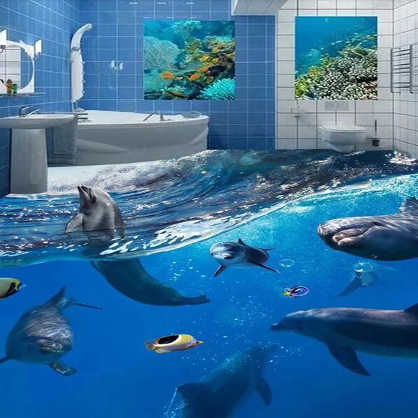 3D ocean-themed dolphin mural wallpaper for kids' bathroom or bedroom, waterproof and durable