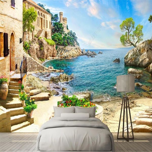 3D ocean-themed wallpaper for living room walls with garden views