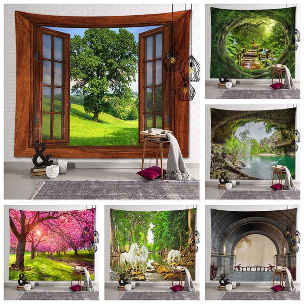 3D printed window wall carpet featuring natural tree hole scenery on soft polyester fabric, perfect for home decor