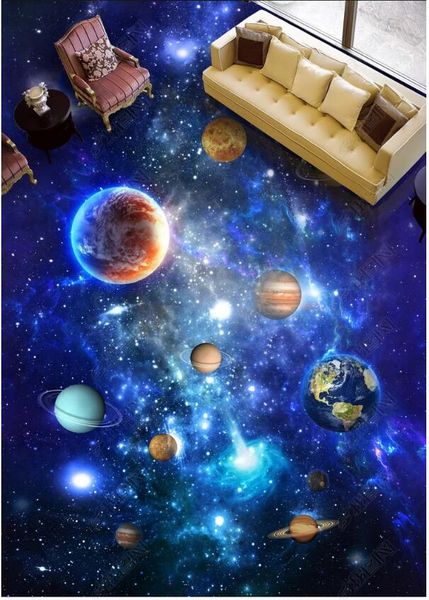 3D PVC flooring with custom images, waterproof and self-adhesive, featuring universe galaxy sky planet designs for home decor, including wall murals and wallpaper