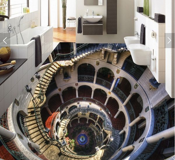 3D PVC flooring with custom photo wallpaper wall stickers for spiral staircase and corridor decoration, featuring artistic 3D wall murals