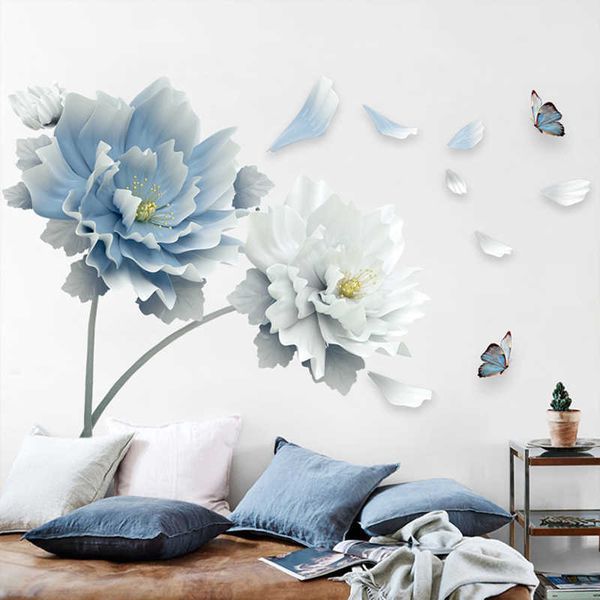 3D removable wall decals featuring large white and blue lotus flowers with butterflies, perfect for living room or bedroom decor