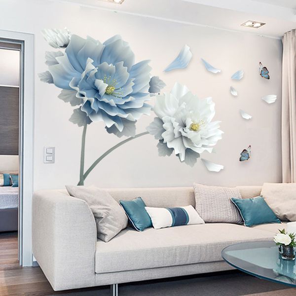 3D removable wall decals featuring large white lotus flowers and blue butterflies, perfect for living room or bedroom decor