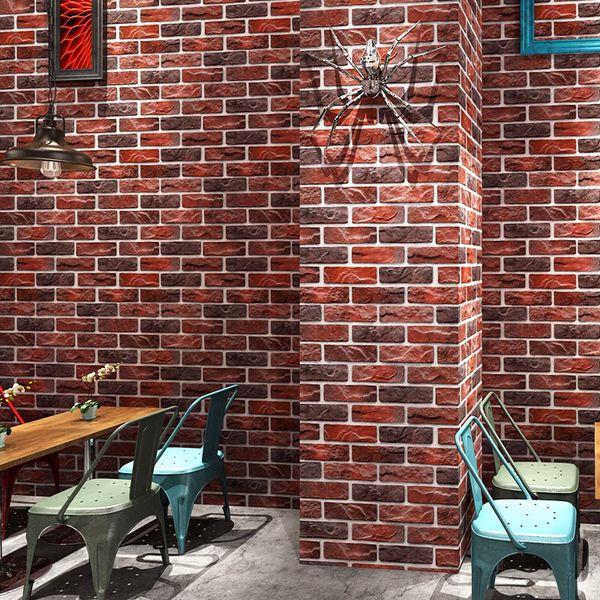 3D retro-style brick wallpaper for coffee shops, restaurants, and bars featuring red brick wall design, ideal for home decor and bedroom improvement