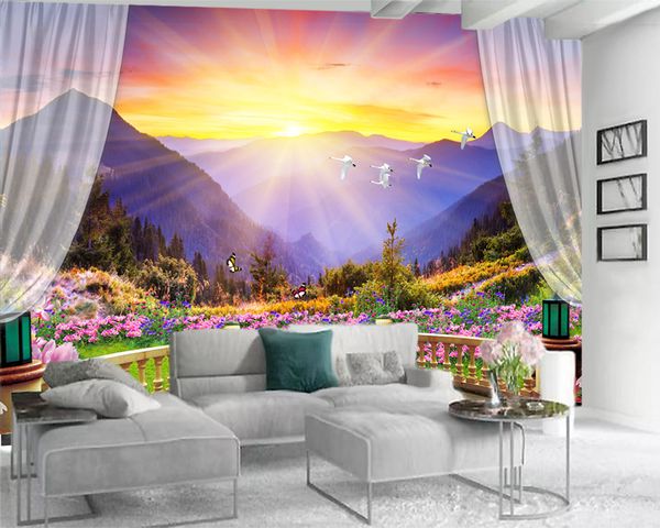 3D romantic landscape wallpaper featuring stunning scenery from a magical wonderland, perfect for modern home decor