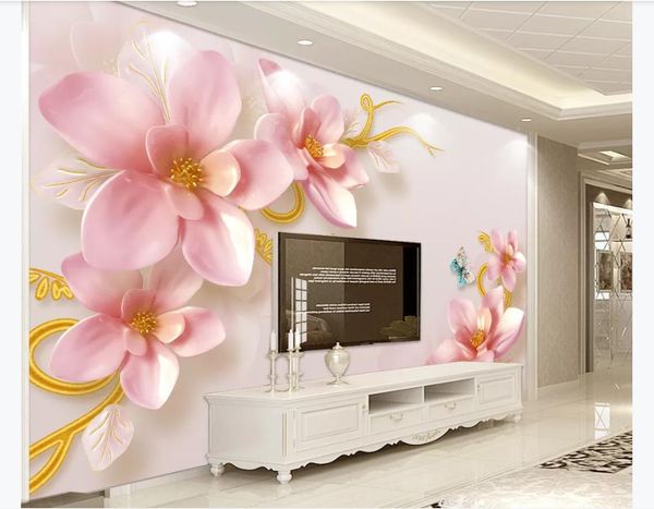 3D silk wallpaper featuring embossed floral designs for elegant European-style TV walls