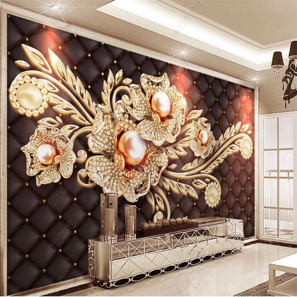 3D stereoscopic black wallpaper featuring simple jewelry designs with diamonds, pearls, flowers, and European patterns