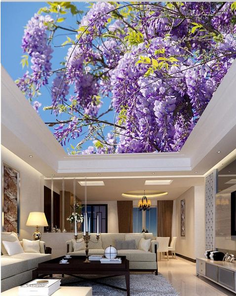 3D stereoscopic floral wallpaper featuring blue skies and green leaves for ceiling murals