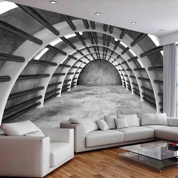 3D stereoscopic wallpaper featuring a cement corridor hall with extended space