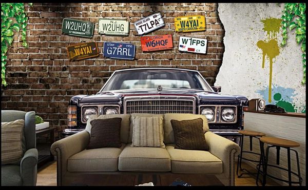 3D stylish vintage car murals for restaurant and bar walls, retro brick wallpaper for home decor