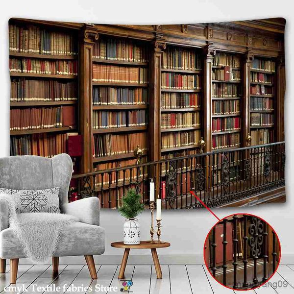 3D tapestry wall art featuring a vintage bookshelf wine cabinet design for home bedroom decor