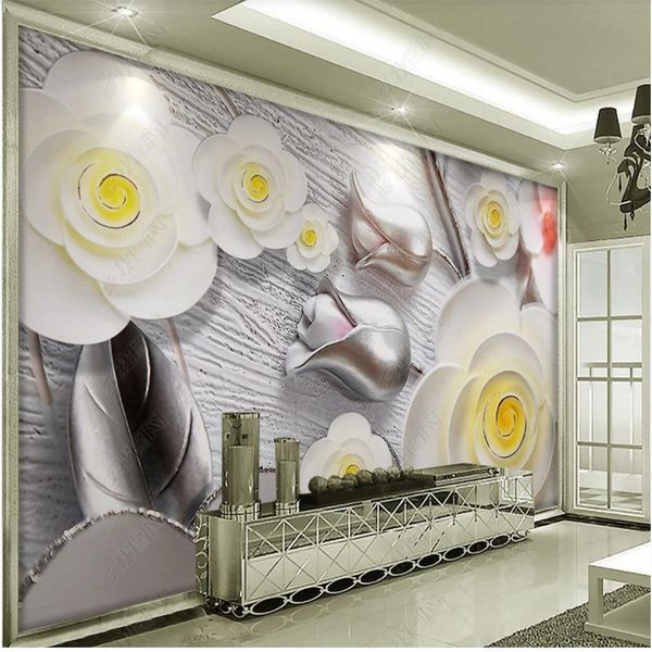 3D textured modern living room TV wall mural with colorful relief carvings