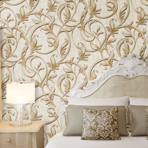3D textured PVC wallpaper with vintage European leaf and vine design, waterproof and durable for living room or bedroom walls