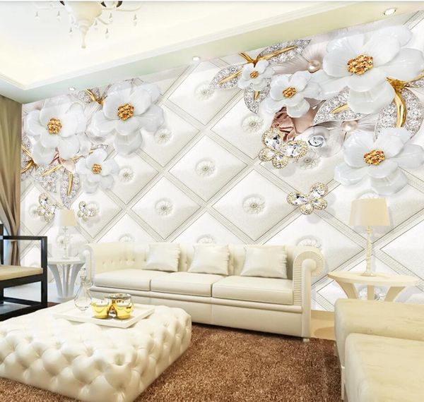 3D textured wallpaper featuring elegant white floral patterns with jewel and diamond motifs on embossed leaf designs
