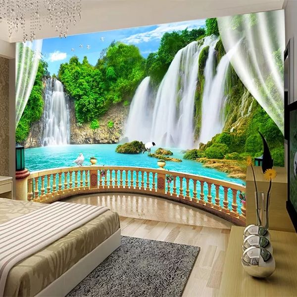 3D textured waterfall landscape wallpaper for living room TV backdrop, waterproof and embossed