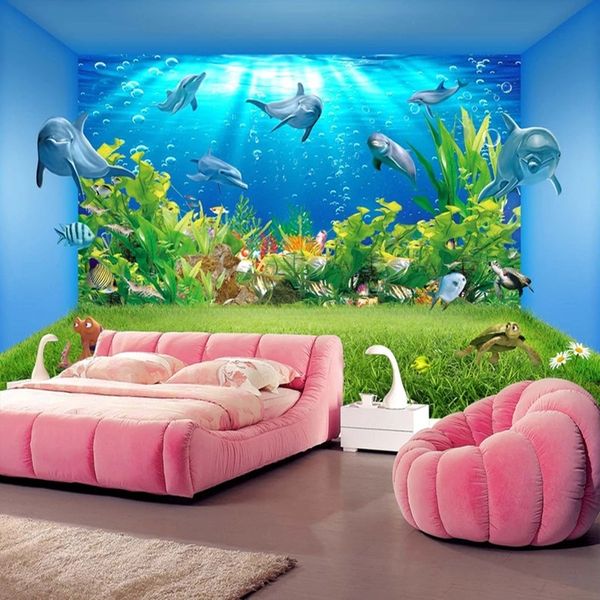 3D underwater dolphin mural for creative living room TV wall decor