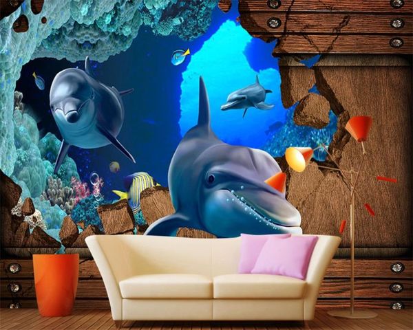 3D underwater dolphin wallpaper for living room TV background mural