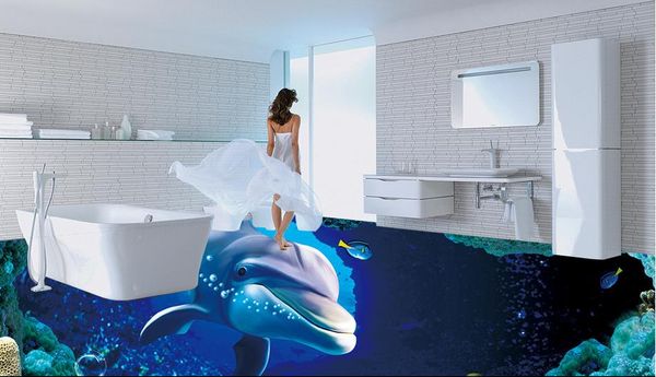 3D underwater marine-themed dolphin tile vinyl flooring for bathrooms