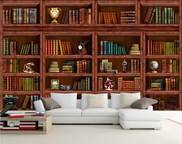 3D wall mural featuring a bookshelf with books and clock, perfect for home decor in living rooms