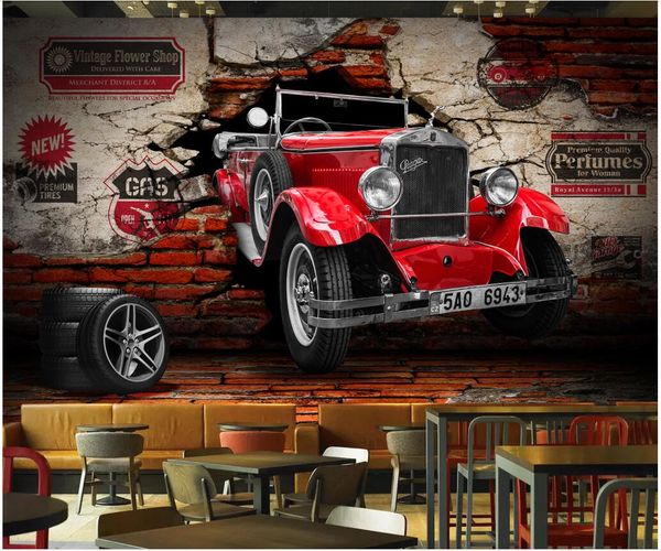 3D wall mural featuring a vintage car crashing through the wall for home decor
