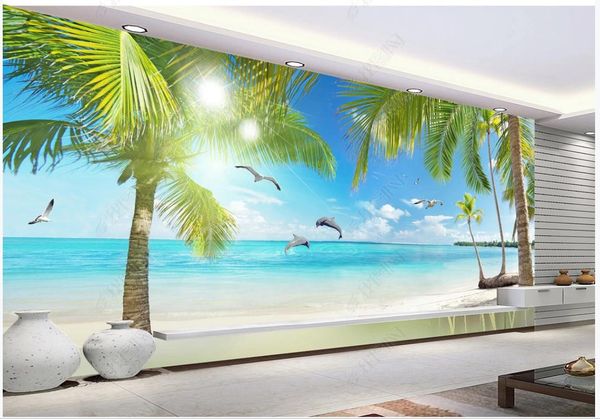 3D wall murals featuring modern sea beach dolphins and trees for living room TV backgrounds and home decor
