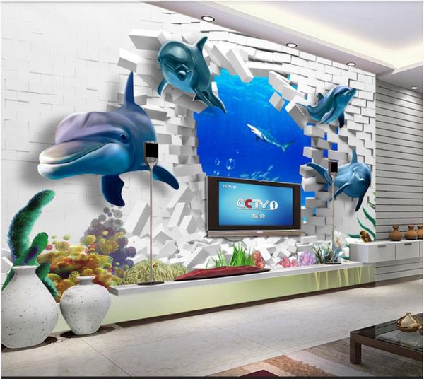 3D wall murals of Mediterranean underwater scenes with dolphins for living room TV backgrounds