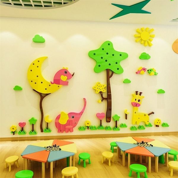 3D wall stickers featuring cartoon trees and animals for kindergarten classrooms and children's rooms