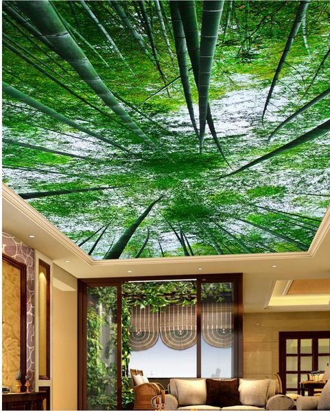 3D wallpaper featuring a fresh bamboo forest design for living room ceilings