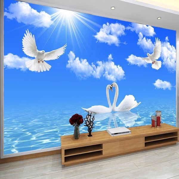 3D wallpaper featuring a serene blue sky with white clouds and a graceful white swan on a river, perfect for living rooms, bedrooms, or hotel decor