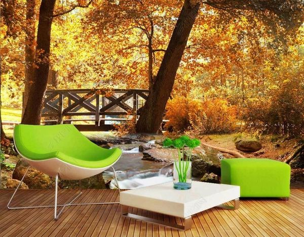 3D wallpaper featuring a small bridge, flowing water, and autumn waterfall for modern living room or bedroom decor