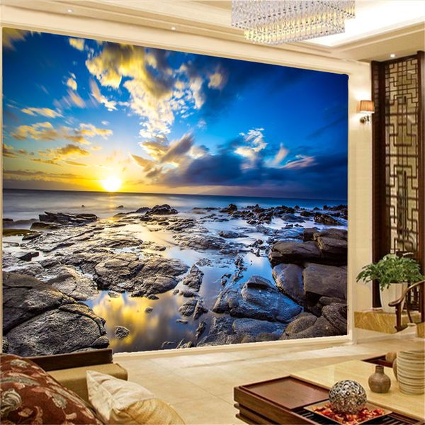 3D wallpaper featuring a stunning sunset sea view, perfect for living room or bedroom wall decor