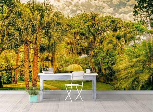3D wallpaper featuring European and American retro-style tropical forest plants for living room, bedroom, and lounge decor