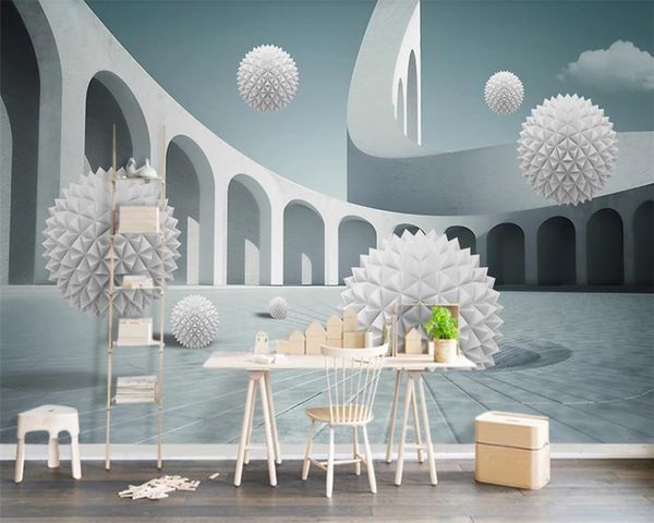 3D wallpaper featuring European architectural spheres for elegant wall decoration