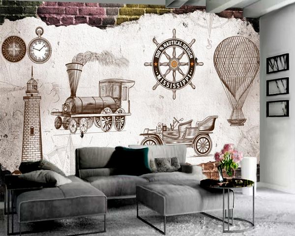 3D wallpaper featuring European retro steam car design for bedroom and living room decor
