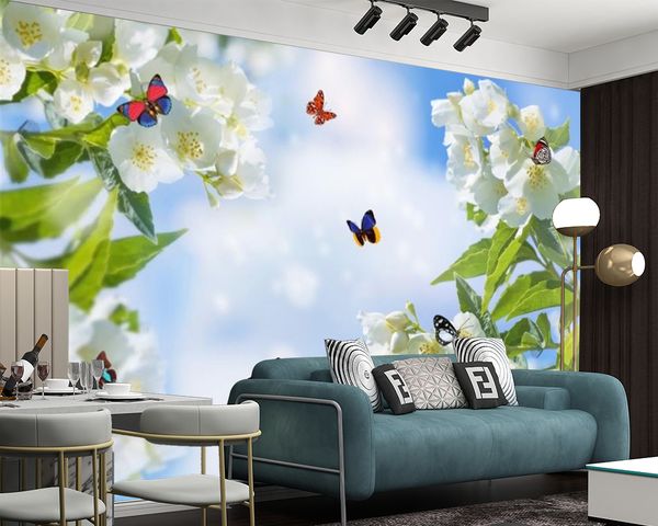 3D wallpaper featuring white flowers and butterflies, ideal for kitchen decor and home improvement with silk mural wall paper