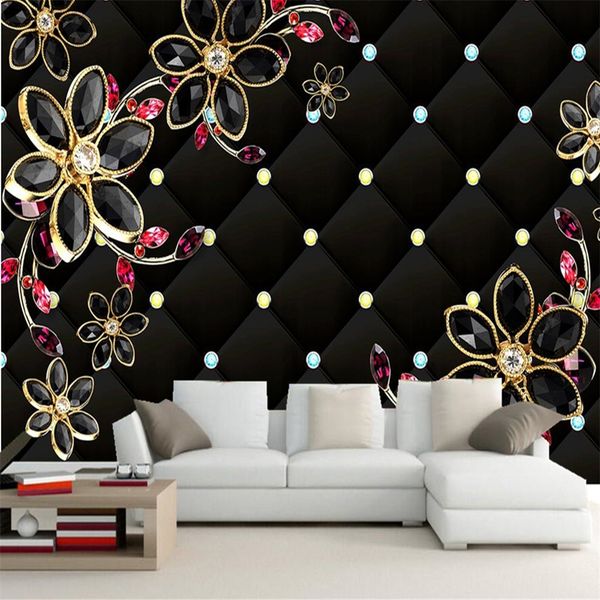 3D wallpaper mural featuring black diamond jewelry flower design for living room TV, sofa, bedroom, or kitchen walls as home decor