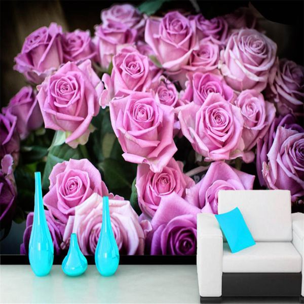 3D wallpaper murals featuring pink roses for living room and bedroom decor
